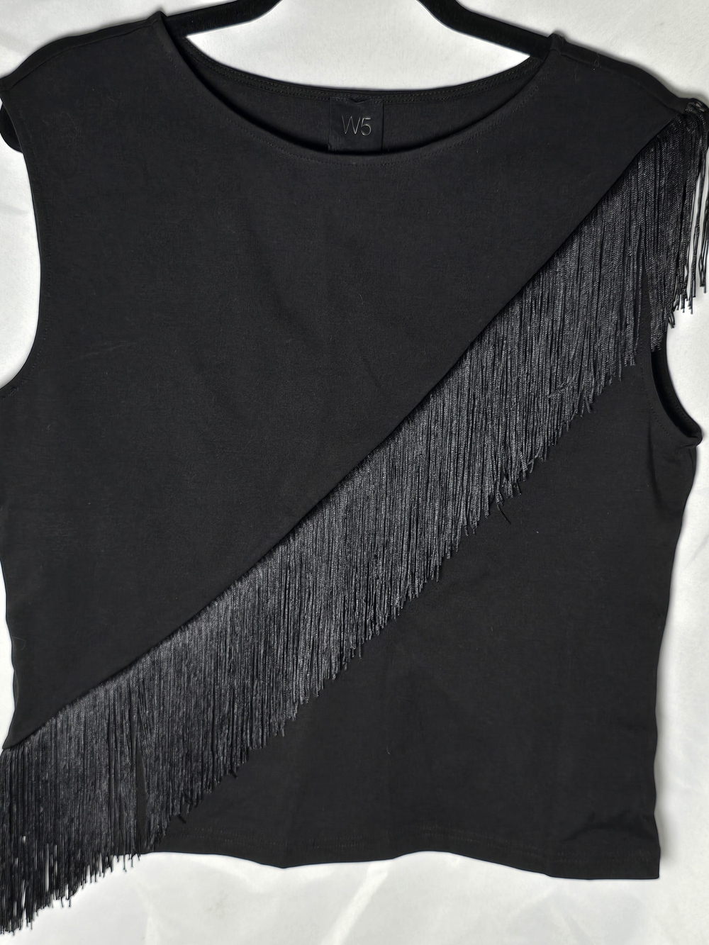 W5 Black Sleeveless Asymetrical Fringe Tank Top Festival Western Grunge, Sz L